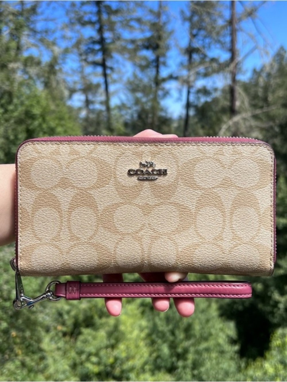 COACH Long Zip-Around Wallet Wristlet CC Holder Khaki/Pink with Silver Hardware